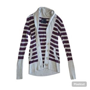 American Eagle Waffle Knit Purple and Gray Striped Cardigan Slouchy Small Button
